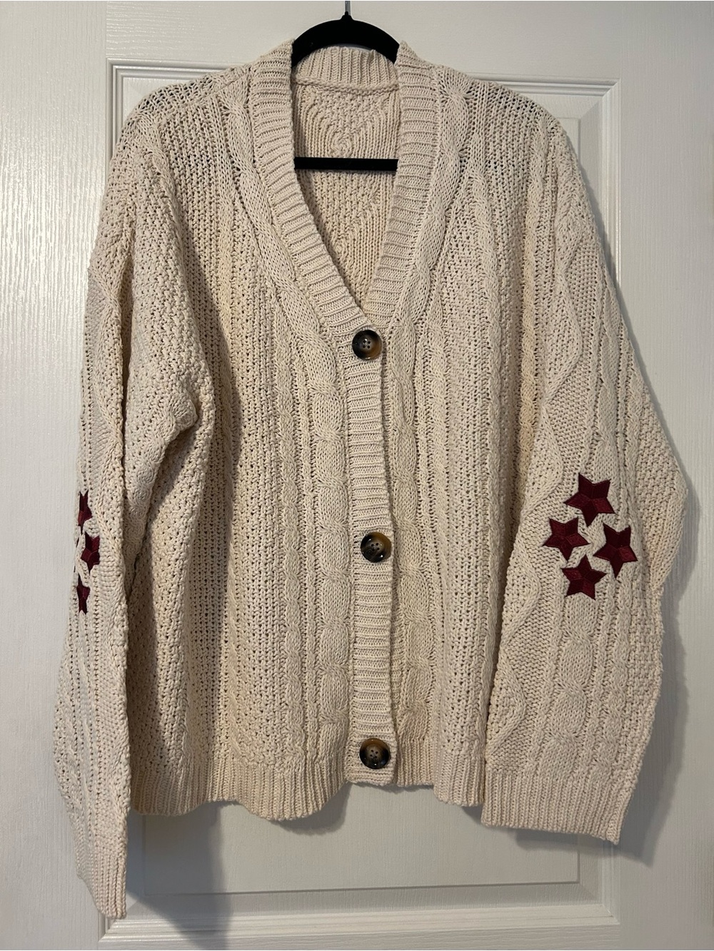 Taylor Swift Inspired Red Cream Cable Knit Cardigan Sweater with Red Stars